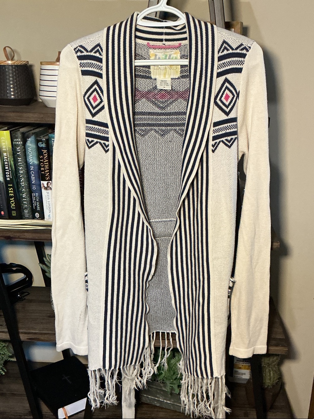 Billabong Open-Front Fringed Cardigan Sweater Aztec Print Size M